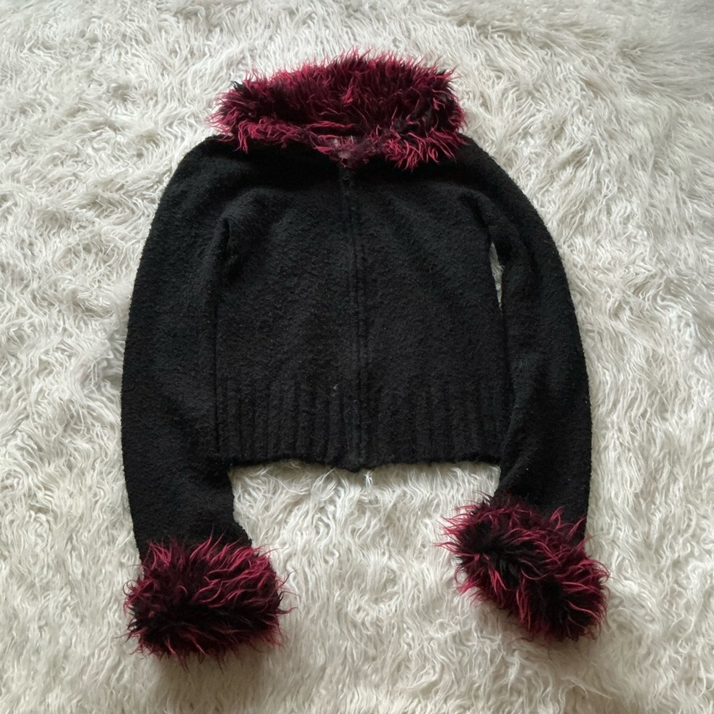 Morbid Threads Black Sweater Cardigan with Burgundy Faux-Fur Trim